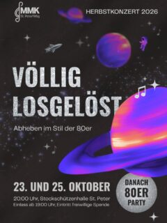 Am 23. und 25. Oktober ist es wieder so weit: Unser Herbstkonzert geht in die nächste Runde! In diesem Jahr treffen zwei faszinierende Welten aufeinander: Das unbeschwerte Lebensgefühl der 80er-Jahre und die unendliche Weite des Weltalls. 🪩🚀🗓️ Wann: 23. & 25. Oktober
👋🏻 Einlass: 19:00 Uhr
🎶 Konzertbeginn: 20:00 Uhr
📍 Ort: Stockschützenhalle
💸 Eintritt: freiwillige SpendeEuch erwartet eine musikalische Zeitreise durch ein Jahrzehnt voller Kult-Hits, vereint mit galaktischen Klängen und einer Reise zu den Sternen. Wenn Neonfarben auf Planeten treffen, ist ein unvergesslicher Konzertabend garantiert. 👩🏻🚀🛸Danach heben wir erst richtig ab: Nach dem Konzert feiern wir zusammen eine 80er-Party mit euren Lieblingshits und erfrischenden Getränken an der Bar! 🕺🏻🌟-------------------
#herbstkonzert #herzlicheeinladung #musikverein #mühlviertel #upperaustria